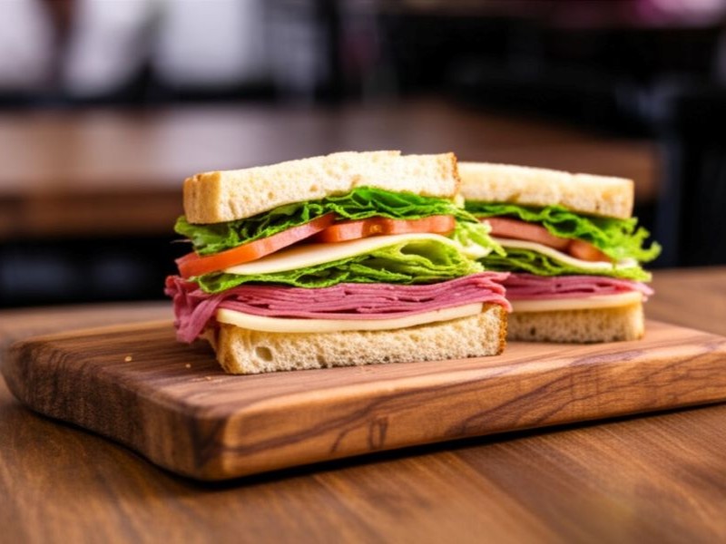 A deli sandwich on a cutting board that is cut into, ready to serve. 