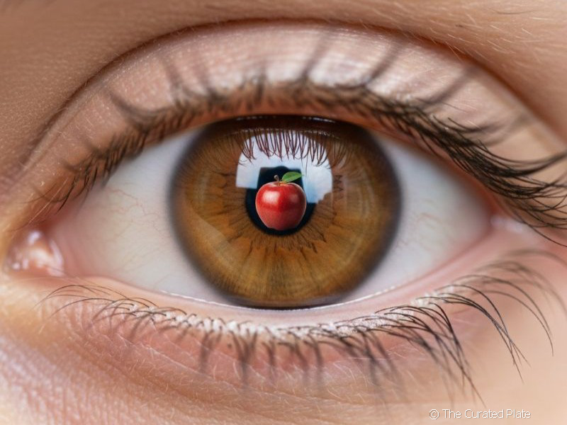 A close up view of an eye with a small red apple in the center. 