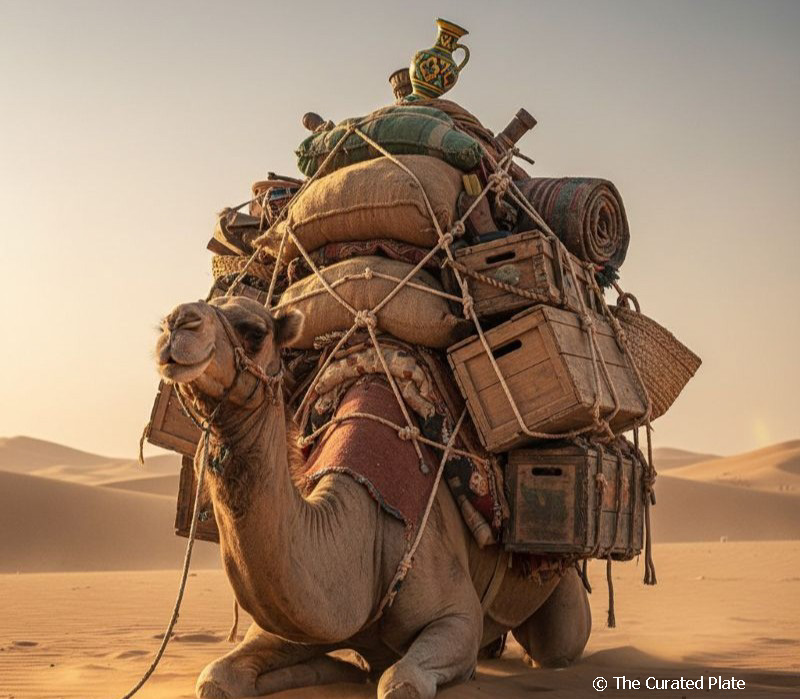 A camel in the desert, loaded down with an exaggerated amount of gear. 