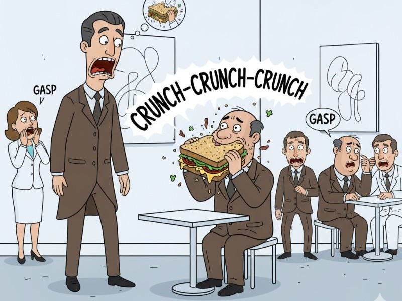 A cartoon drawing of a person eating a BLT and making a loud "crunch" sound while the waiter watches in disgust. 