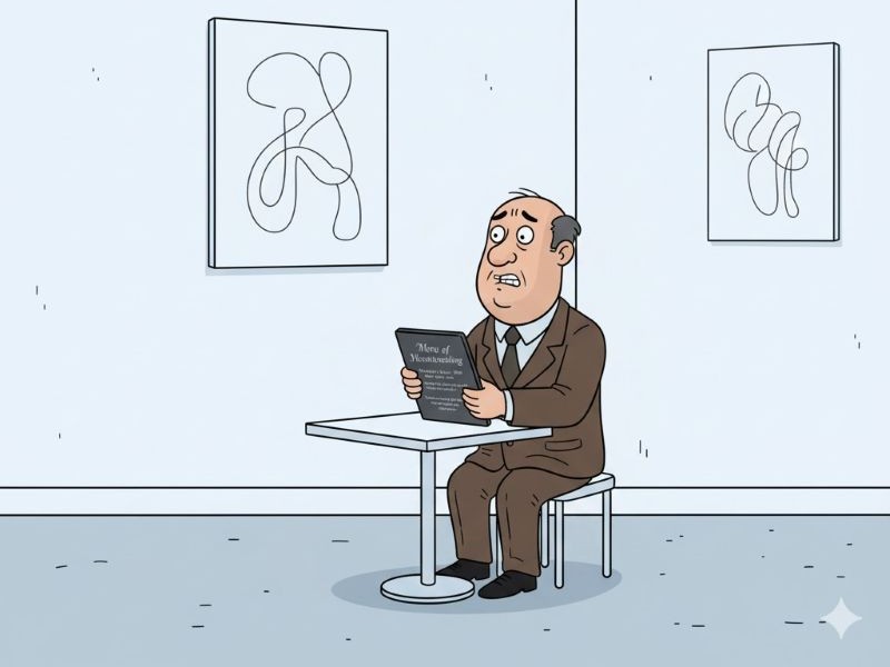 A cartoon photo of a man sitting at a table, reading a  menu. 