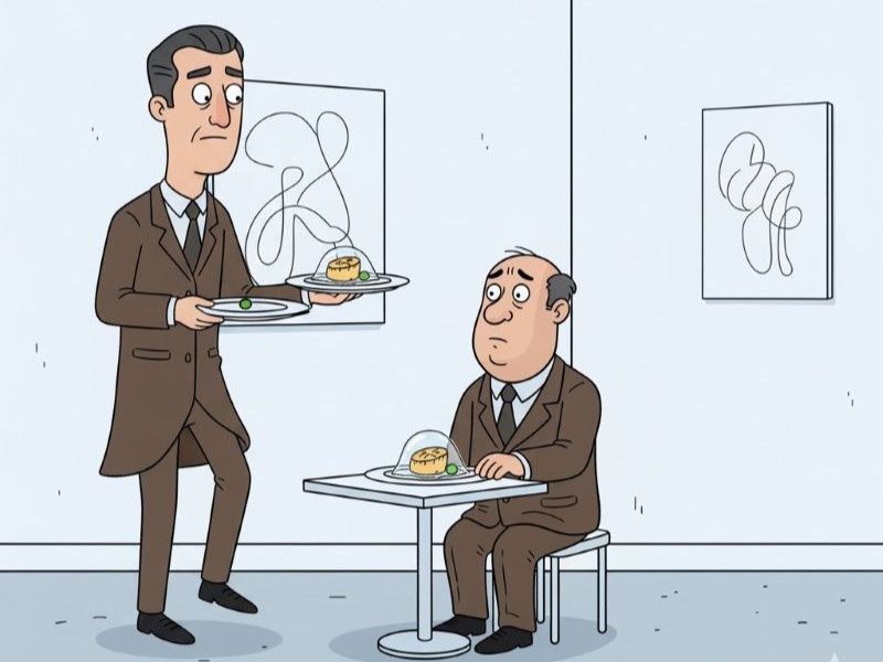 Two cartoon characters in a restaurant, one sitting at a table and the other walking up to the table with food.