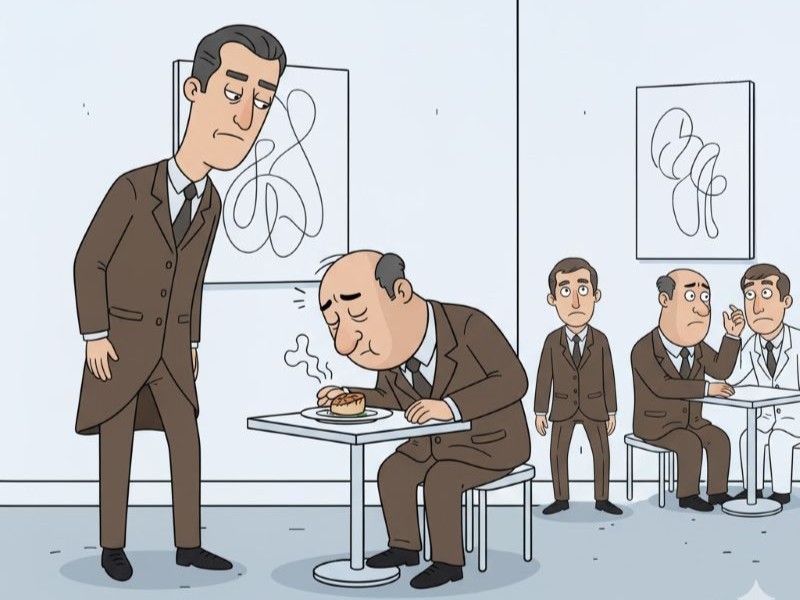 A cartoon person sitting at a table, smelling their food while the waiter watches. 