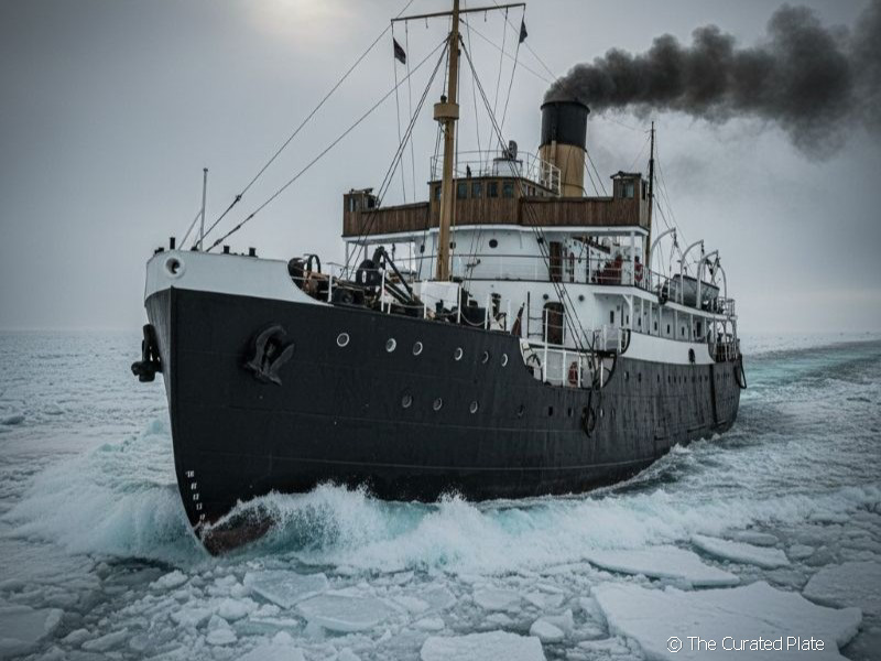A ship breaking the ice in the ocean. 