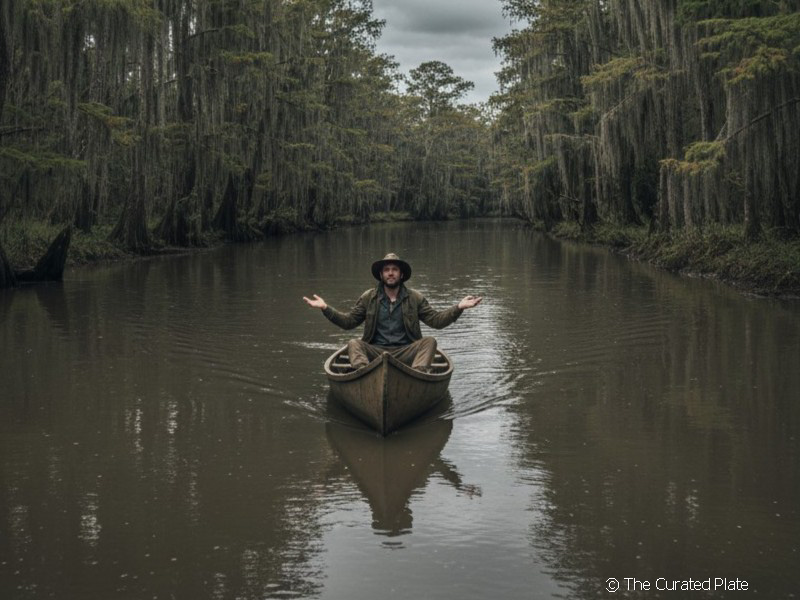 A man in a canoe with no paddle and his arms held up as a shrug. 